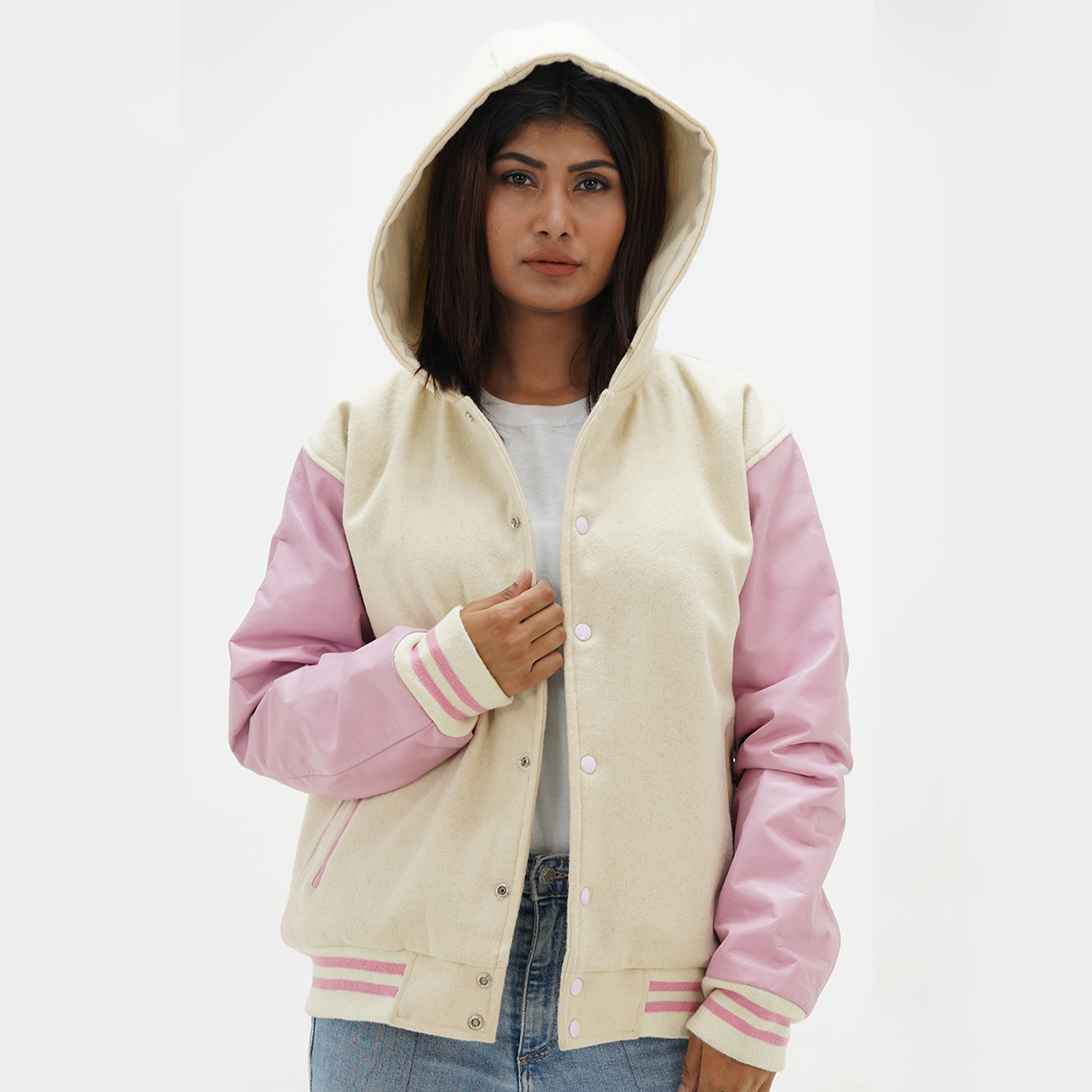 Women's Varsity Hooded Jacket Pink Leather Arms And Off White Wool Body