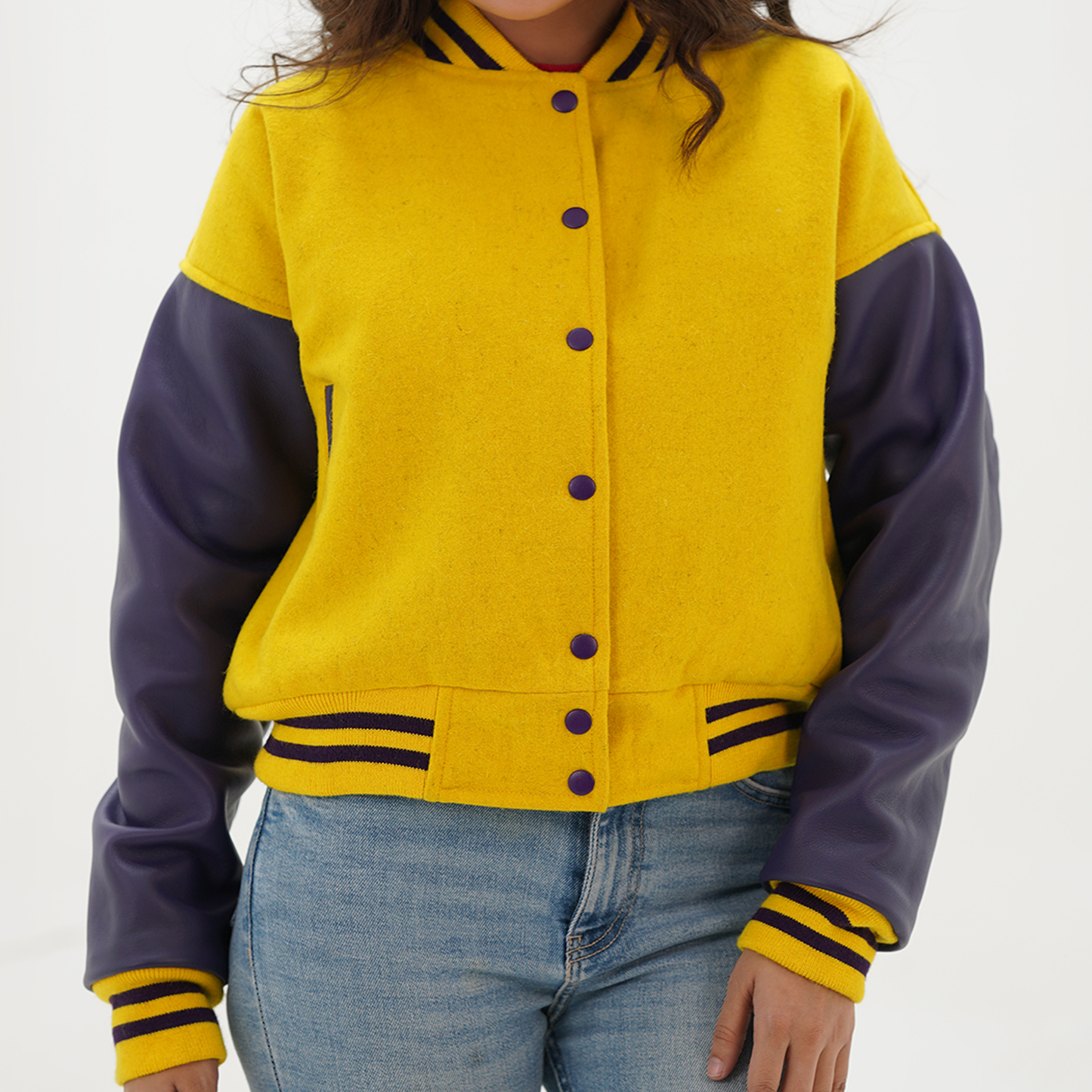 Women's Yellow And Blue Varsity Jacket Leather Arms And Wool Body
