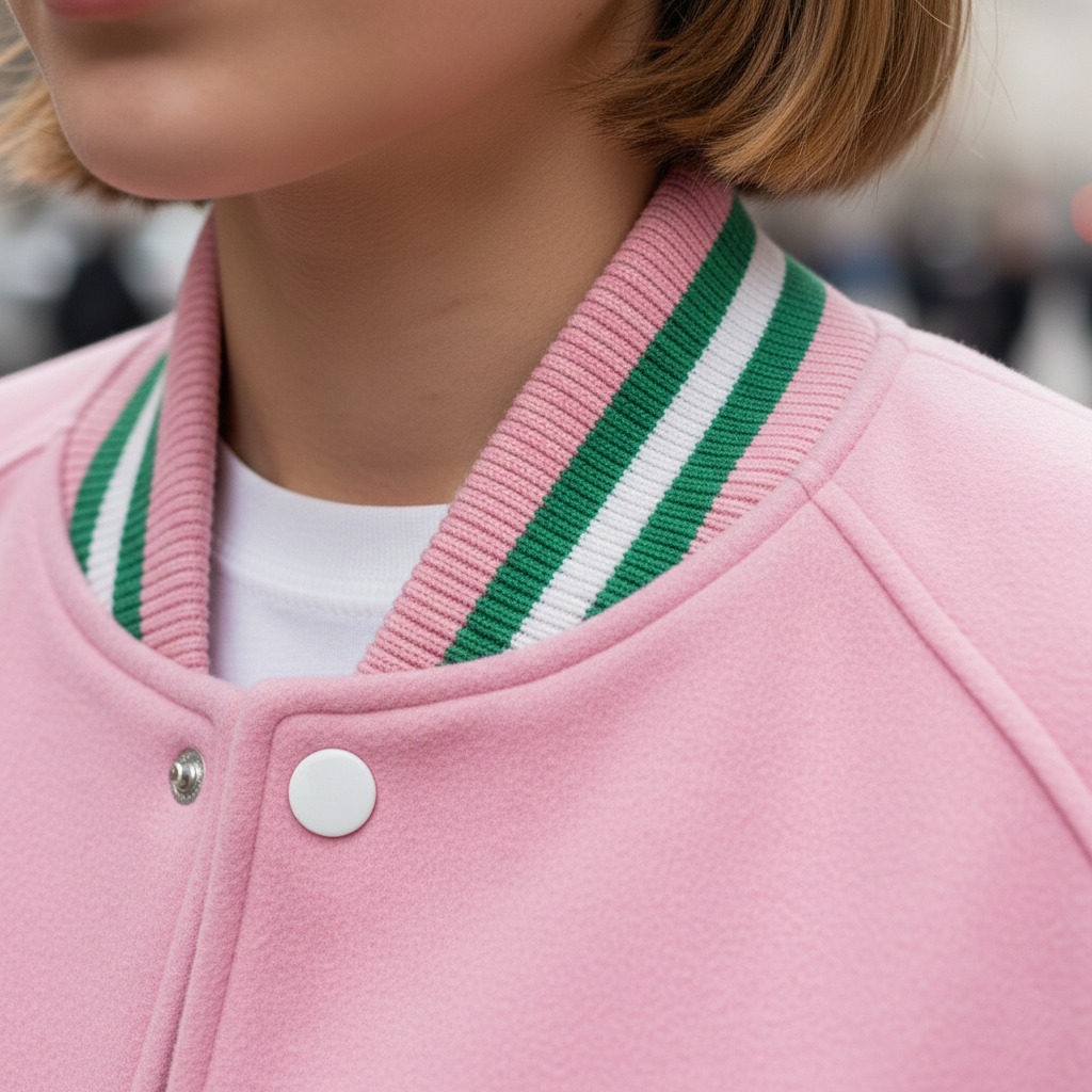 Close-up of a pink varsity jacket with green and white striped collar.