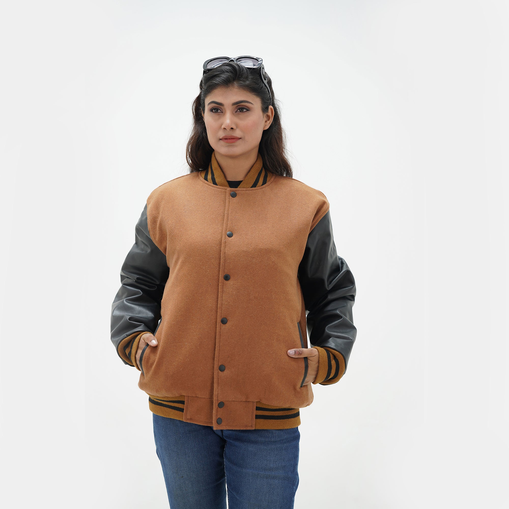 women's all American varsity jacket displaying red Melton wool body, white leather sleeves, and blue ribbed waistband