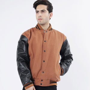 All American wool letterman jacket full view patriotic colorway snap closure classic varsity design