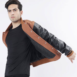 brown letterman jacket action shot dynamic pose American varsity heritage style