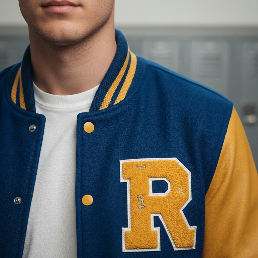 Close-up of Archies letterman jacket embroidery and patch details - legendary varsity style fans love