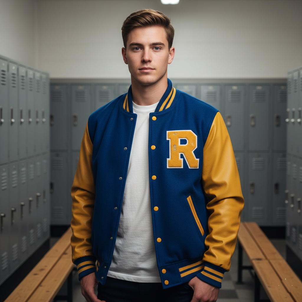 Person wearing a blue and yellow varsity jacket in a locker room