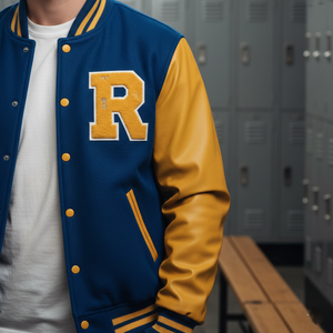 Person wearing a blue and yellow varsity jacket with a large 'R' in front of lockers.