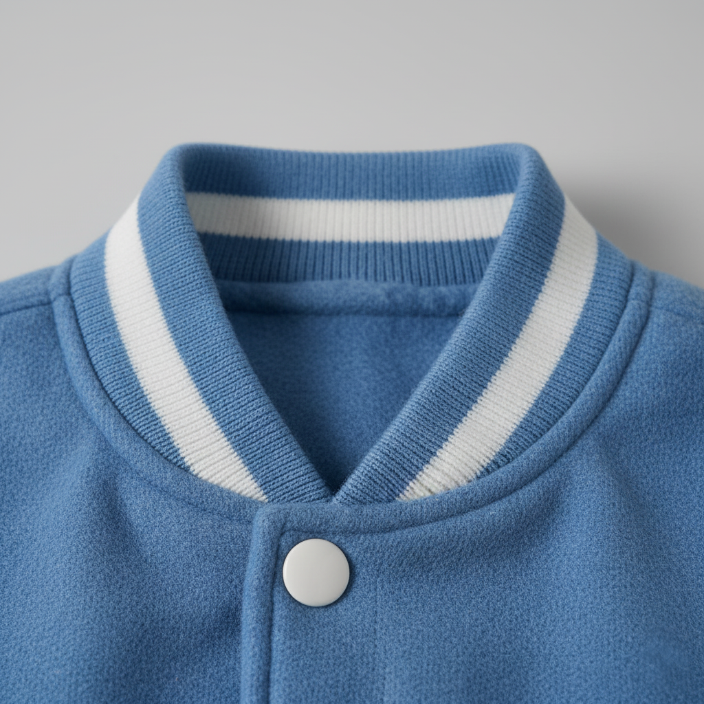 Close-up of a blue sweater with white trim on a gray background
