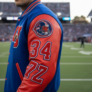 Person wearing a blue and red sports jersey with numbers on a blurred stadium background