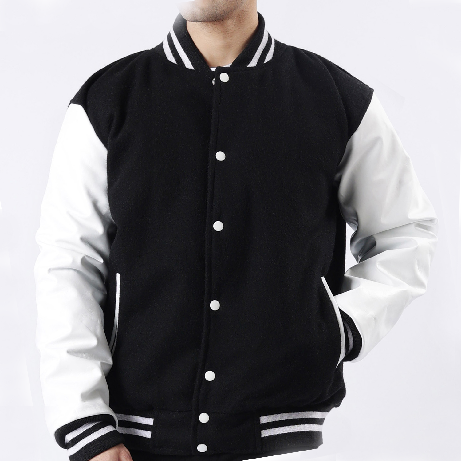 Men's Black And White Letterman Jacket Wool Body Leather Sleeves