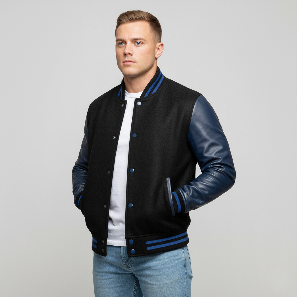 Man wearing a black varsity jacket with blue sleeves on a gray background