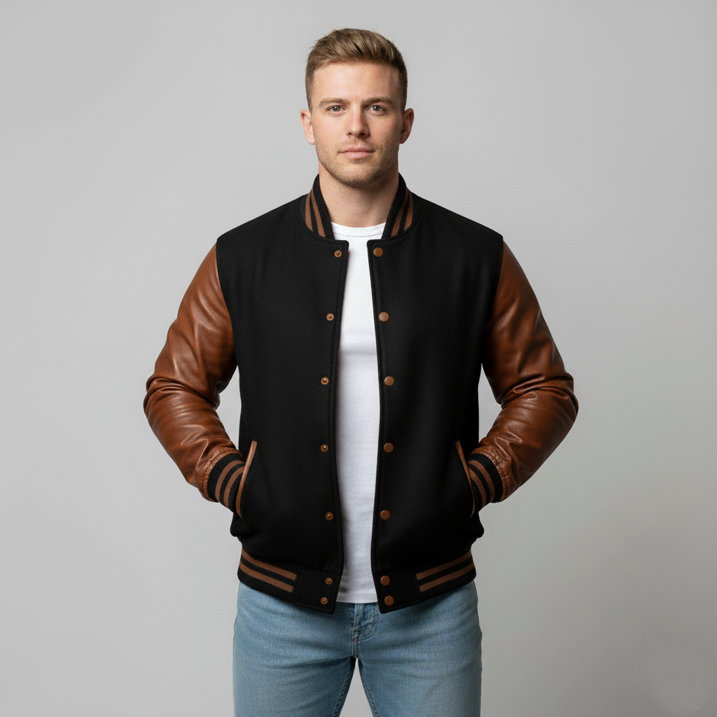 Man wearing a black and brown varsity jacket on a gray background