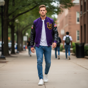 Man walking on a sidewalk wearing a purple varsity jacket with letterman design.