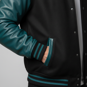 Black varsity jacket with teal accents on a plain background