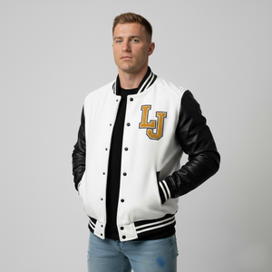Man wearing a white and black varsity jacket with 'LJ' logo on a gray background