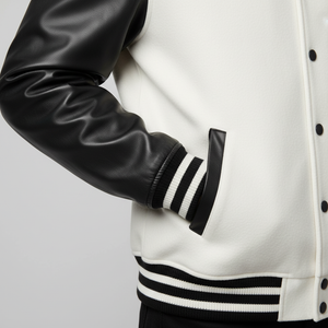 White varsity jacket with black leather sleeves on a light gray background