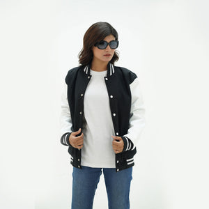 Black and white letterman jacket women open view - showcasing black wool body with white leather arms and coordinating ribbed hem
