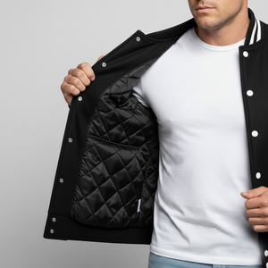 Person wearing a black quilted jacket with white buttons on a gray background