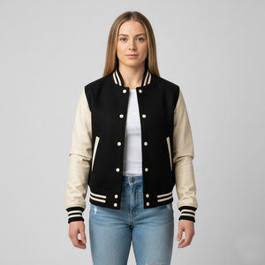 Woman wearing a black and cream varsity jacket on a gray background