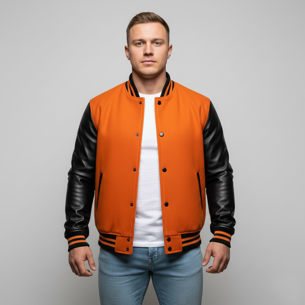 Man wearing an orange and black varsity jacket on a gray background