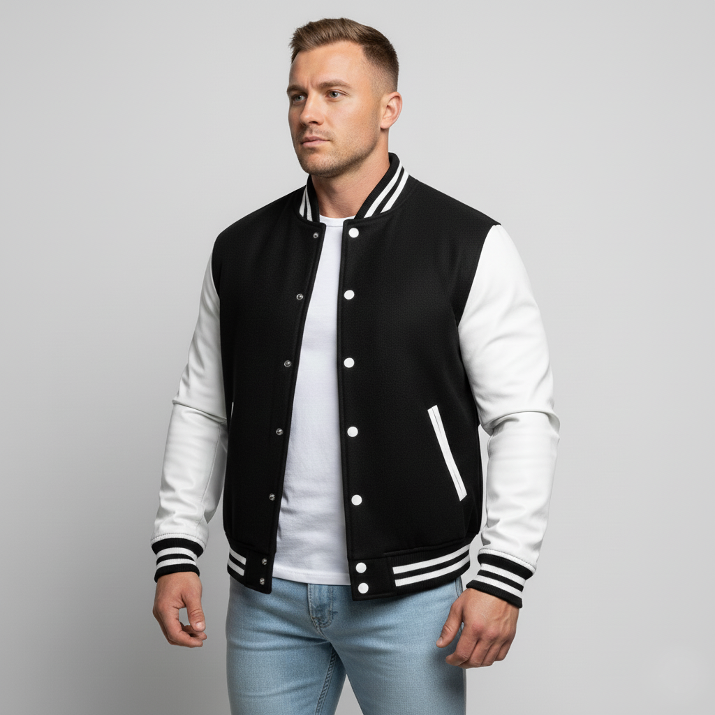 Man wearing a black and white varsity jacket on a gray background