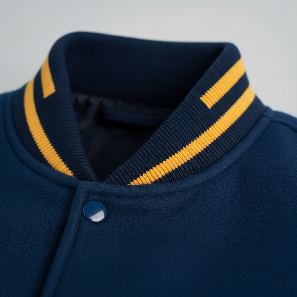Navy blue jacket with yellow striped collar on a gray background