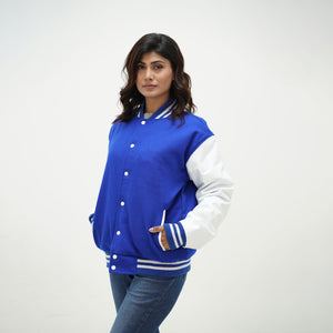 Blue letterman jacket women with authentic Melton wool