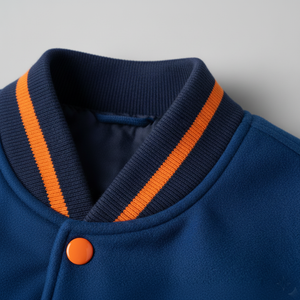 Close-up of a blue cardigan with orange trim and button on a light gray background