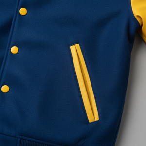 Blue jacket with yellow buttons and trim on a gray background