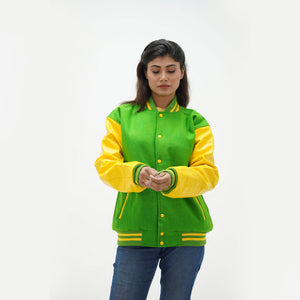 Bright green letterman jacket women close-up - showing ribbed collar construction with kelly green striped trim and snap button hardware
