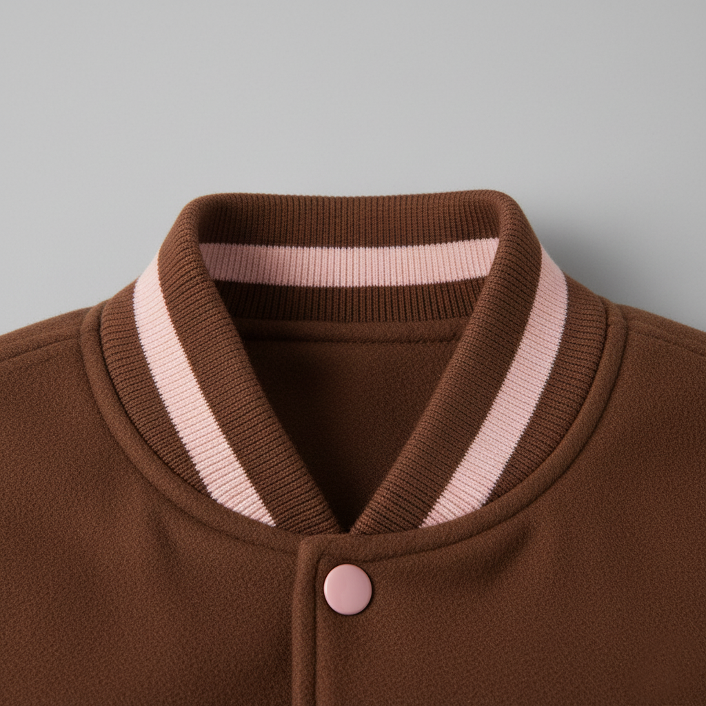 Close-up of a brown jacket with a pink collar and button on a gray background