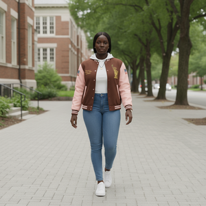 Person wearing a varsity jacket walking on a college campus path.