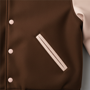 Brown jacket with white buttons and a white stripe on a gray background