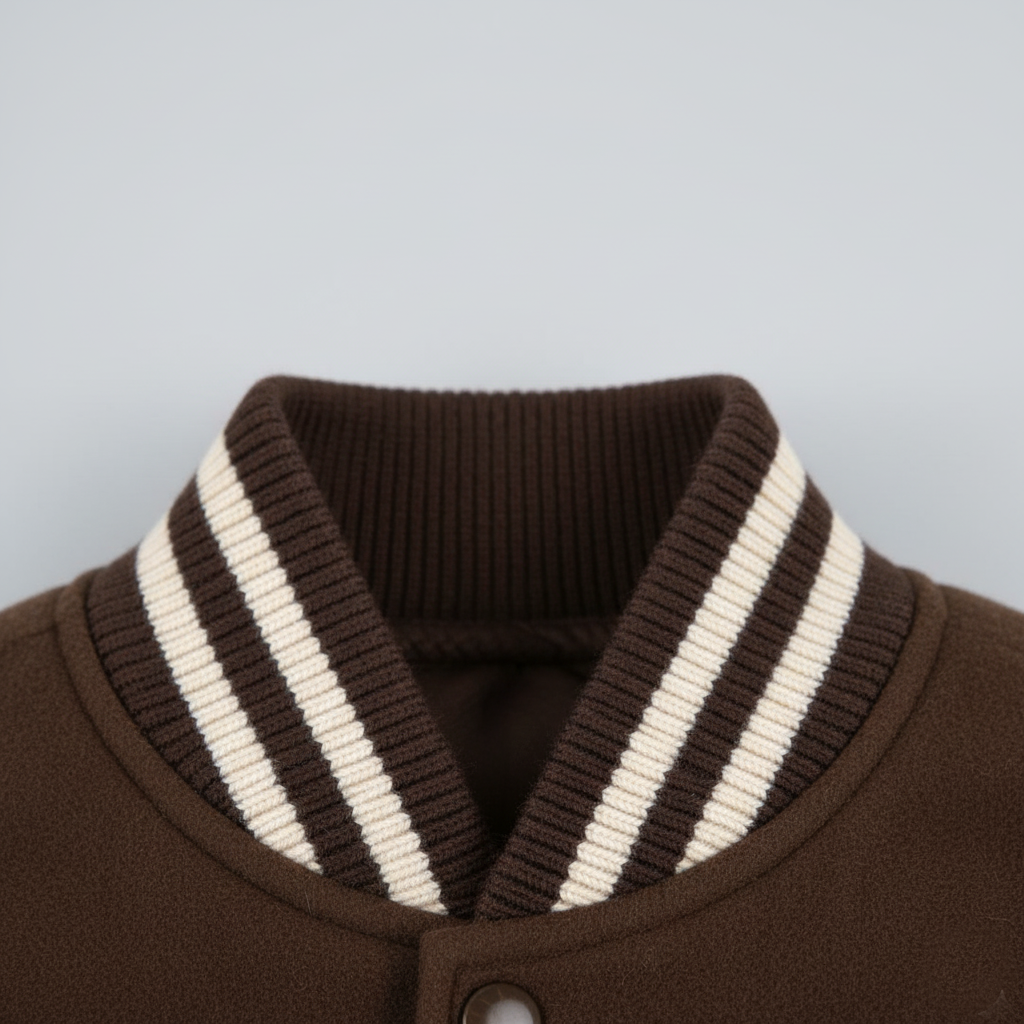 Close-up of a brown garment with a striped collar on a light gray background