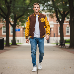 Man wearing a brown and yellow varsity jacket with a school logo, walking on a campus path.