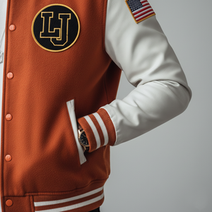 Brown letterman jacket with 'LJ' logo and American flag patch on a gray background