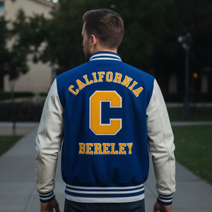 Person wearing a blue and white letterman jacket with 'California Berkeley' text.