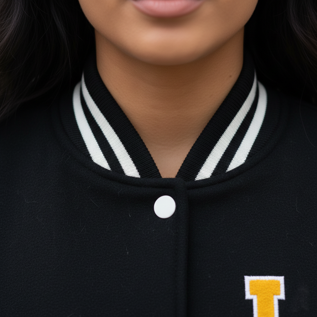 Black varsity jacket with white collar and a yellow letter 'I' on a person wearing it.