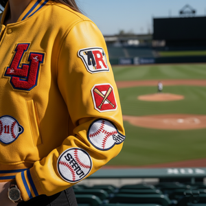 Person wearing a yellow jacket with patches on a baseball field