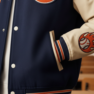 Navy blue varsity jacket with beige sleeve featuring a logo, on a blurred indoor background.