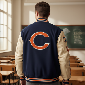 Person wearing a navy and beige varsity jacket with a large 'C' emblem in a classroom setting.