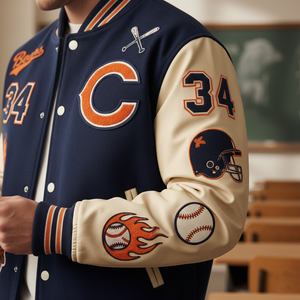 Navy and beige varsity jacket with sports-themed patches in a classroom setting