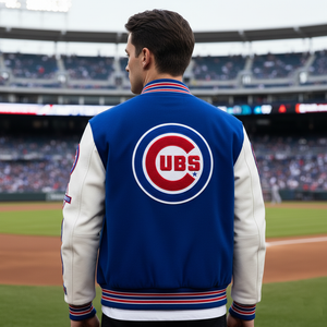 Person wearing a blue and white letterman jacket with Cubs logo at a baseball stadium