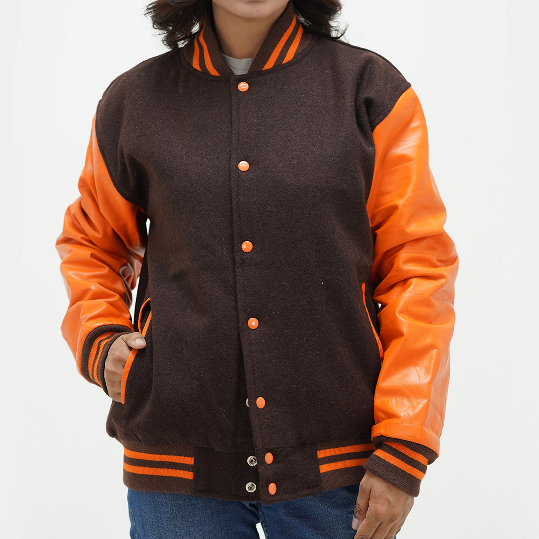 Chocolate brown Melton wool body letterman jacket with old gold genuine leather sleeves - front view showing snap button closure and ribbed collar