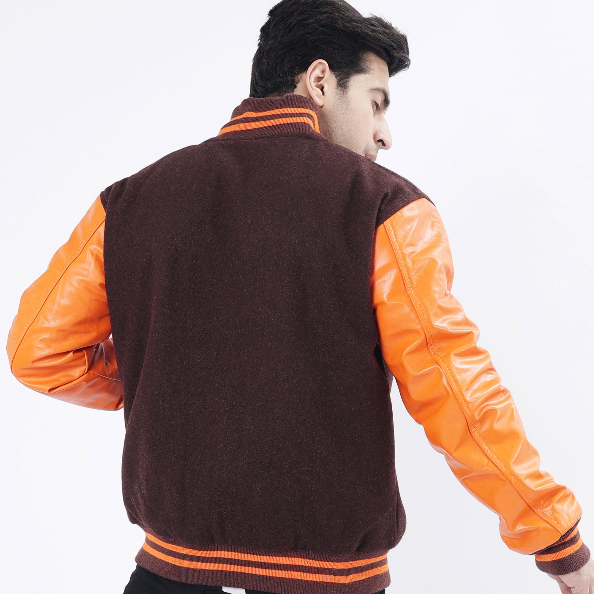 Chocolate Brown Body And Old Gold Leather Arms Letterman Jacket