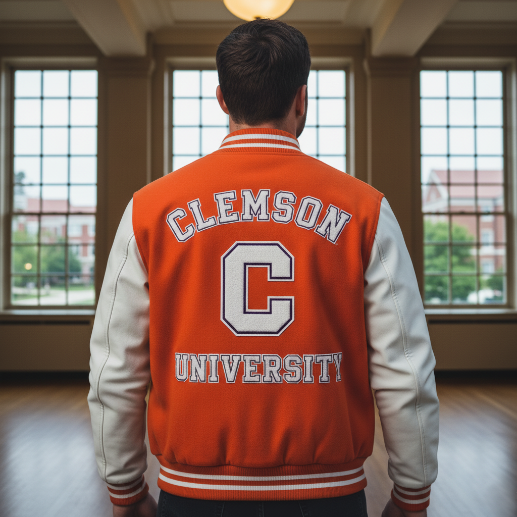 Person wearing a Clemson University letterman jacket in a room with large windows.