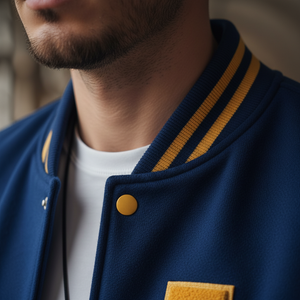 Close-up of a person wearing a blue varsity jacket with yellow accents.