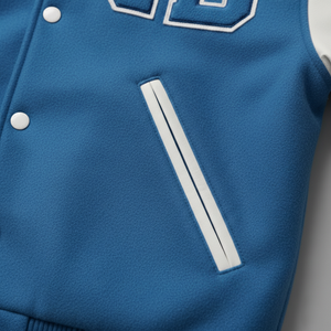 Blue varsity jacket with a white stripe and buttons on a light gray background