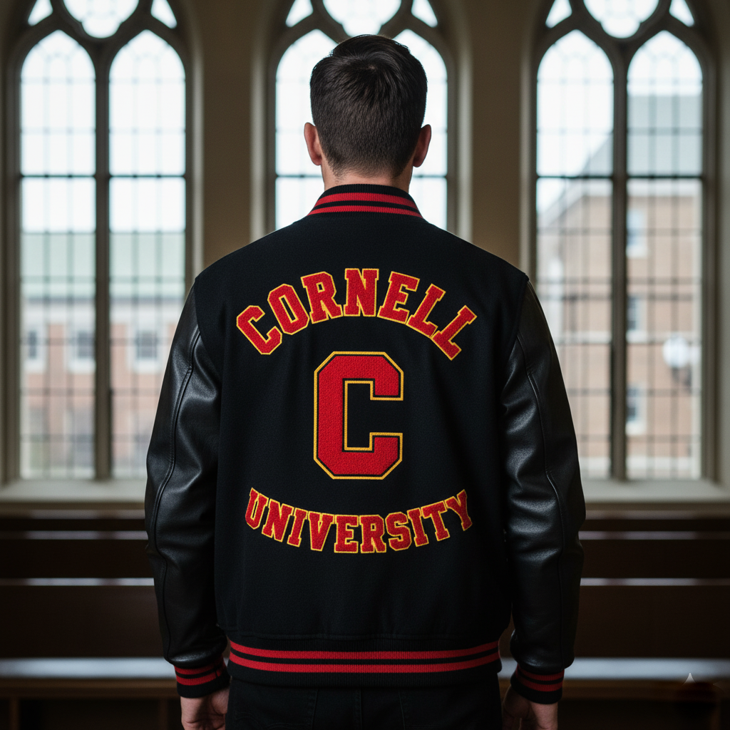 Person wearing a black 'Cornell University' jacket in front of large windows.
