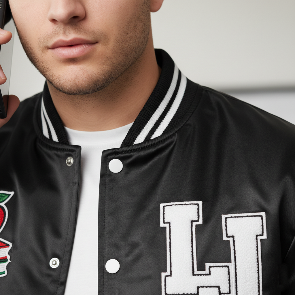 Close-up of custom satin bomber jacket patches and embroidery - affordable personalized varsity style