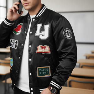 Side angle of custom satin bomber jacket highlighting sleek personalized design and affordable quality