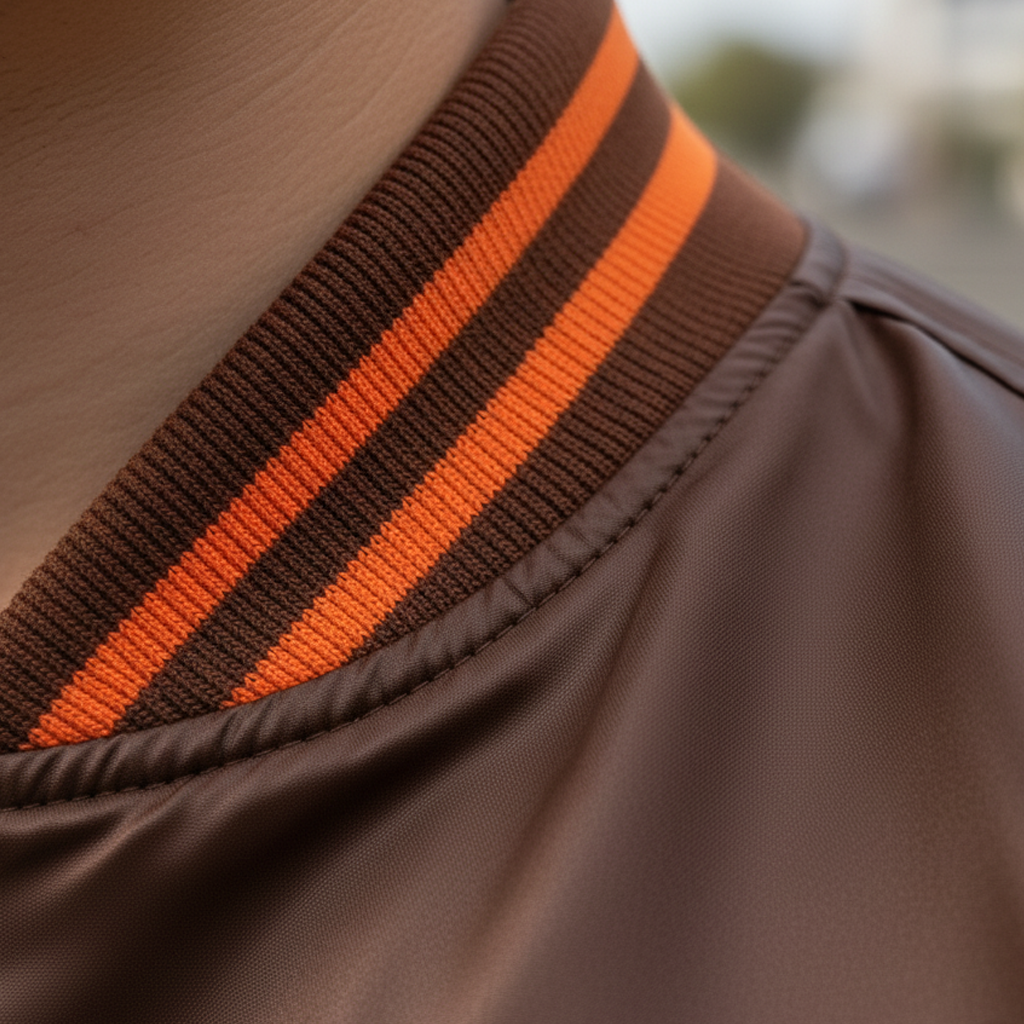 Custom satin embroidered jacket collar with orange stripes